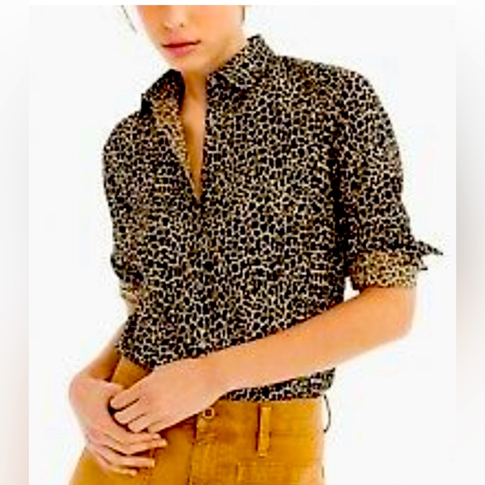 J.Crew leopard cotton stretch black brown and tan shirt never worn without tags.